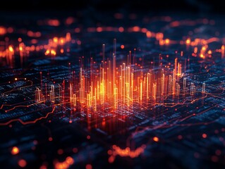Fototapeta premium Abstract data visualization with glowing orange lines and bars.