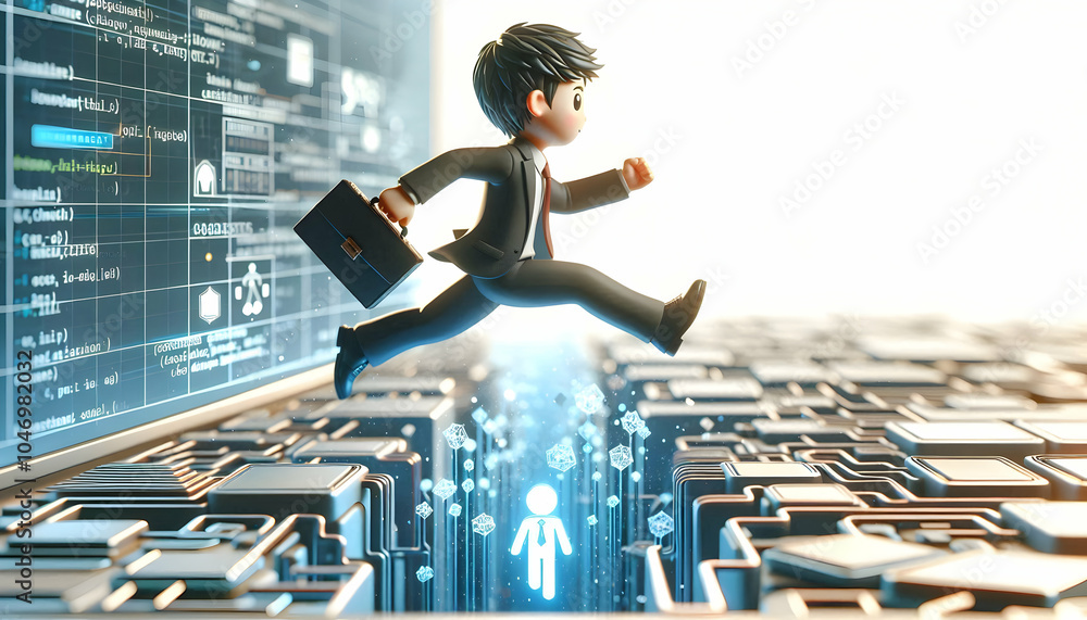 Poster 3d businessman leaping digital gap concept overcoming obstacles reaching milestones tech business ca