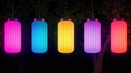 Vibrant neon lanterns hanging from trees, their colors contrasting against the deep night sky, Festival of Lights, modern celebration, nature and neon fusion