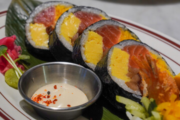 Gimbap with vegetables and salmon with rice