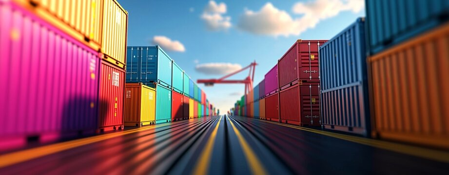 Colorful shipping containers in a busy freight yard, perspective view.