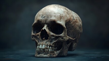 Human Skull on Dark Background, 3D Render, Realistic Scary Halloween Skeleton, Horror, Death, Anatomy, Medical Illustration.