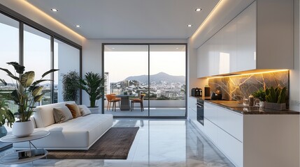 The white kitchen, modern furniture. The kitchen walls are finished with dark glossy tiles. The kitchen has high ceilings and a wide window overlooking a city.