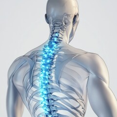 A human back with the spine and shoulder blades highlighted in blue, representing back pain