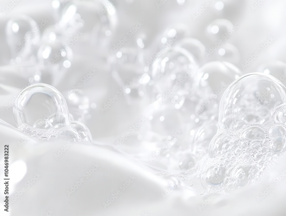 Poster abstract texture of white soap foam bubbles with soft reflections, creating a clean, fresh aesthetic