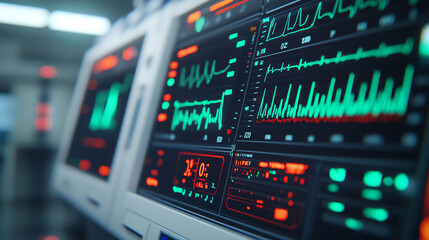 Fototapeta premium Close-up of a modern medical monitor displaying various health data and waveforms in a clinical environment.