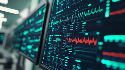 Obraz premium Close-up view of advanced medical monitors displaying vital signs and health data in a clinical environment.