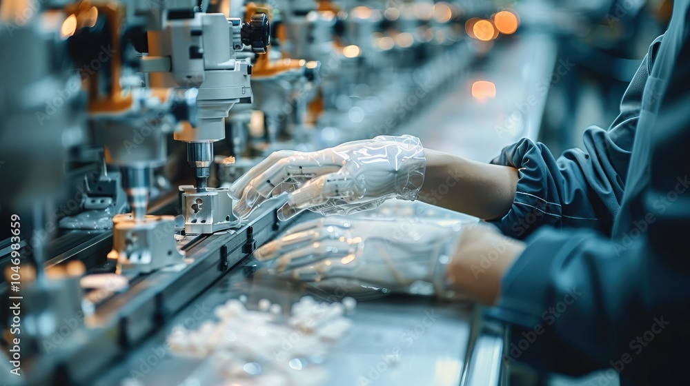 Poster An assembly line intersecting with a worker hands, representing craftsmanship and mass production.