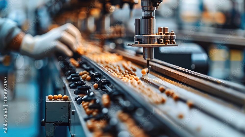 Fototapete an assembly line intersecting with a worker hands, representing craftsmanship and mass production.