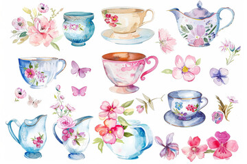 Set of watercolor teacups and saucers with flowers and butterflies. The teacups are arranged in a pattern, with some overlapping and others standing alone. Scene is one of warmth and relaxation
