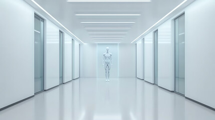 Obraz premium Futuristic corridor with glass doors, white walls, and bright lighting, featuring a transparent figure in the center, ideal for modern design themes.