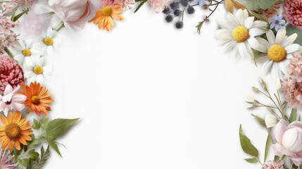 Fototapeta premium Romantic Flower Border for Celebrations, gifts, birthdays, parties, events, printing A somber arrangement of funeral flowers against a stark white background 