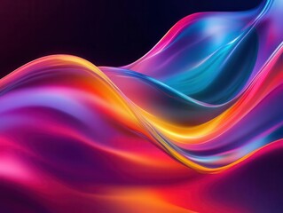 Fototapeta premium an abstract wave of liquid glass in iridescent neon colors flows gracefully against a dark background, creating a mesmerizing visual effect perfect for modern digital art