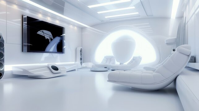 A futuristic and minimalist lounge design featuring a white canvas backdrop, Sleek and innovative minimalist furnishings, Sci-fi minimalism style