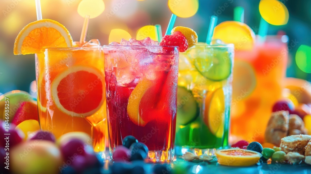 Poster bright cocktails with fruit slices are beautifully arranged on a table, creating a vibrant atmospher