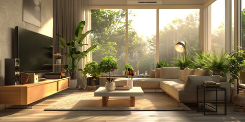 Fototapeta premium A minimalist European living space, accented with earthy tones and natural light.