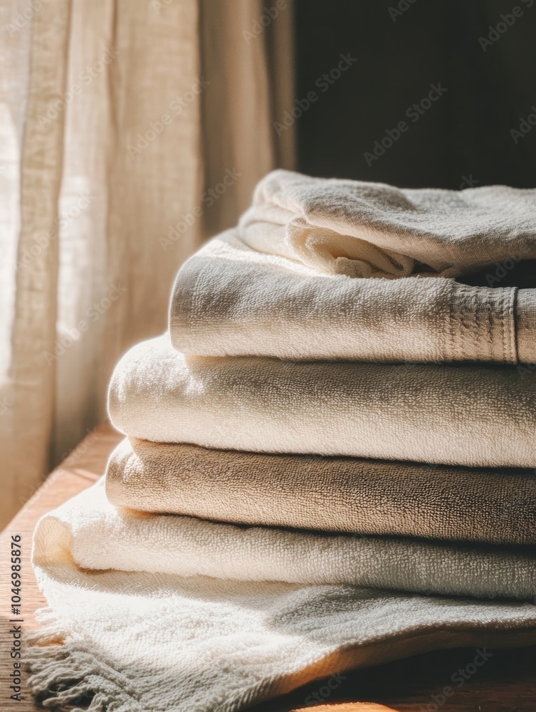 Leinwandbilder A stack of soft towels is neatly arranged on a wooden table, illuminated by warm sunlight from a nearby window. Generative AI