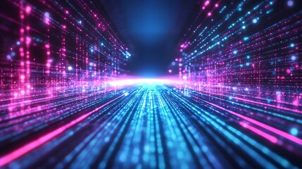 A network of bright, neon-colored lines stretching outward from the center, giving off a digital energy glow on a deep, dark background, symbolizing technological power