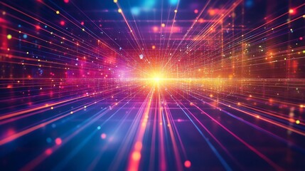 Obraz premium A network of bright, neon-colored lines stretching outward from the center, giving off a digital energy glow on a deep, dark background, symbolizing technological power