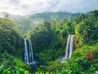 breathtaking tropical paradise with lush greenery and cascading waterfalls, framed by vibrant flowers and a serene atmosphere, evoking tranquility and natural beauty