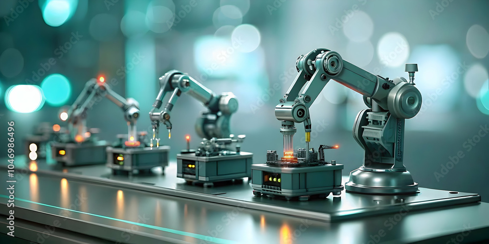 Poster soft abstract robotic arms assembling product bokeh digital elements advanced manufacturing scene sc