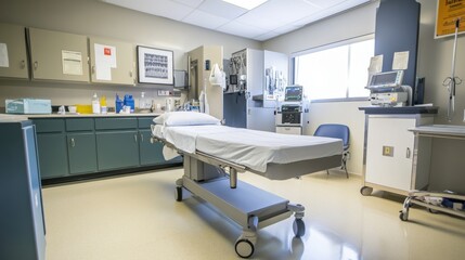 Hospital treatment room with a patient bed, medical equipment, and a clean, sterile environment, suitable for a medical care stock image
