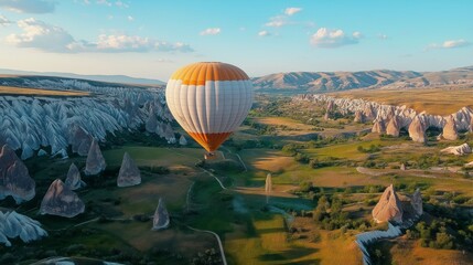 Hot air balloon flight. Romantic date in the air. View of beautiful landscape with balloons from above. Sports competition on hot air balloons