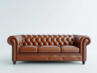 brown leather chesterfield sofa elegantly positioned against a clean white background, showcasing its luxurious texture and classic design, inviting comfort and style