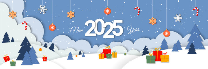 Merry Christmas and Happy New Year banner, card template in a paper cut out effect. Vector Illustration