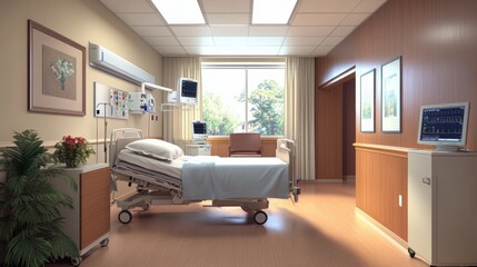 Fototapeta premium Inpatient care room with a comfortable bed, medical monitors, and a clean, organized space, creating a professional healthcare stock photo