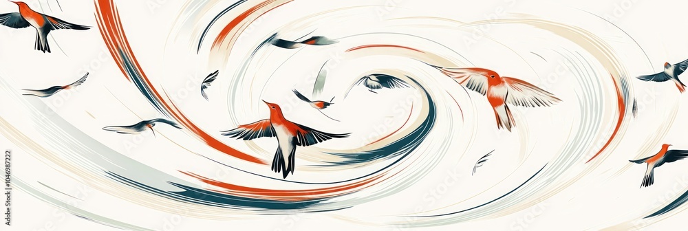Poster abstract swirling pattern with birds flying in a circle.