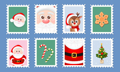 A set of Christmas postage stamps, labels, cards, stickers with Santa and other holiday elements. Vector illustration