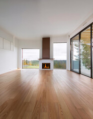 Fototapeta premium Modern minimalist interior with a cozy fireplace and scenic view