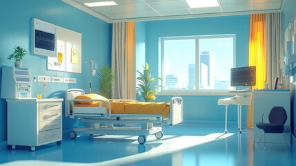 Medical care room with a patient bed, medical equipment, and bright, clean surroundings, representing professional healthcare, suitable for a hospital-focused stock image