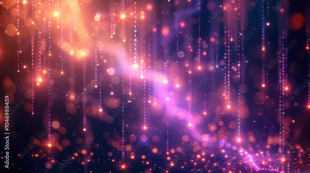 Poster Abstract representation of artificial neural network, with interconnected nodes and flowing data streams in vibrant colors. Soft lighting, digital background featuring binary code and circuit pattern.