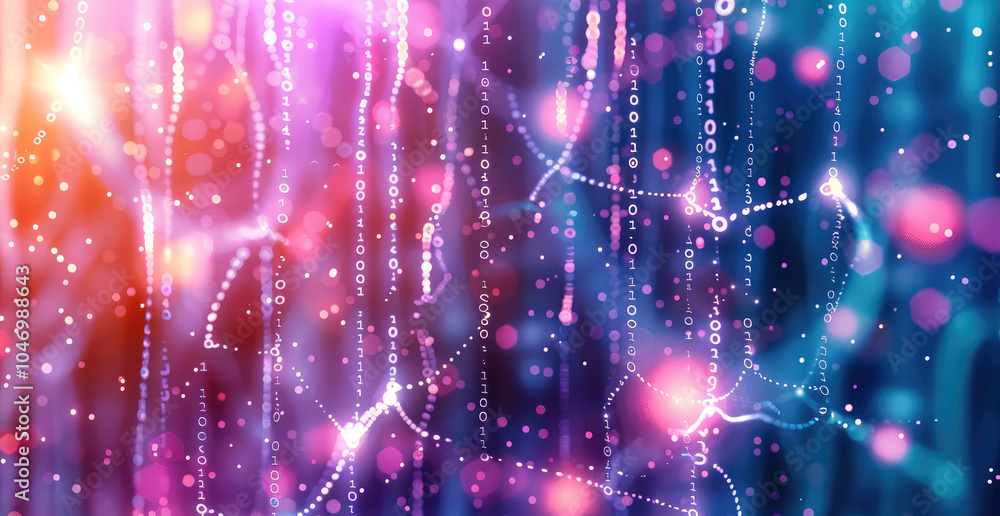 Poster Abstract representation of artificial neural network, with interconnected nodes and flowing data streams in vibrant colors. Soft lighting, digital background featuring binary code and circuit pattern.