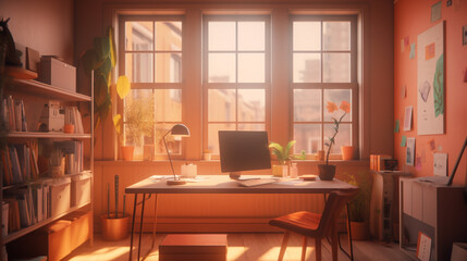 Lofi interior. Window view of a forest, jungle.  Plasma television in a dark room   Modern Poster Design Workspace with Transparent Creation Tools and Glowing Poster Designs for a
 
