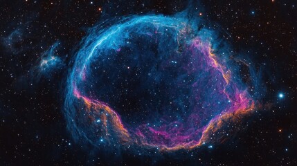 Obraz premium A vibrant ring nebula glows against a backdrop of twinkling stars, showcasing the celestial beauty of space.