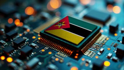 A Mozambique themed chip is embedded on a circuit board with illuminated pathways, highlighting innovation in electronics and cutting-edge hardware.