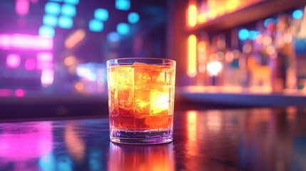 Colorful drink in a glass with ice, placed on a reflective surface, set against a vibrant nightlife background with soft lighting effects.