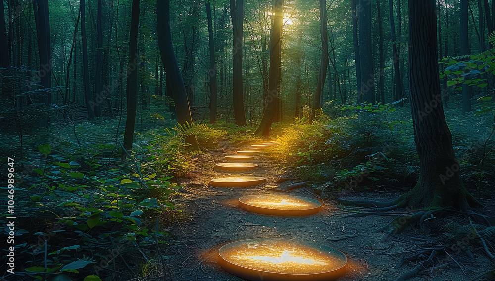 Poster An intelligent forest pathway equipped with motion-activated sensors illuminates the trail as walk.