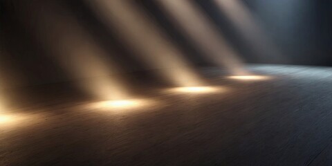 Obraz premium A dark room with a wooden floor and four lights shining on it