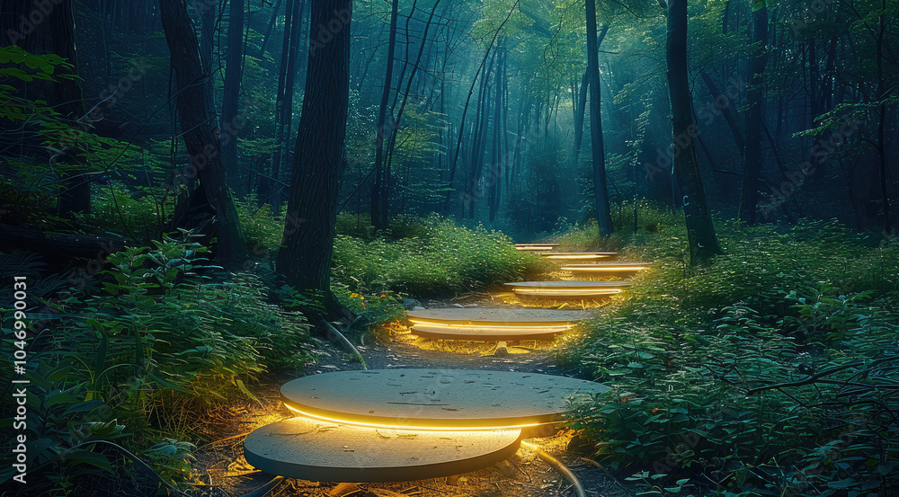 Aufkleber an intelligent forest pathway equipped with motion-activated sensors illuminates the trail as walk.