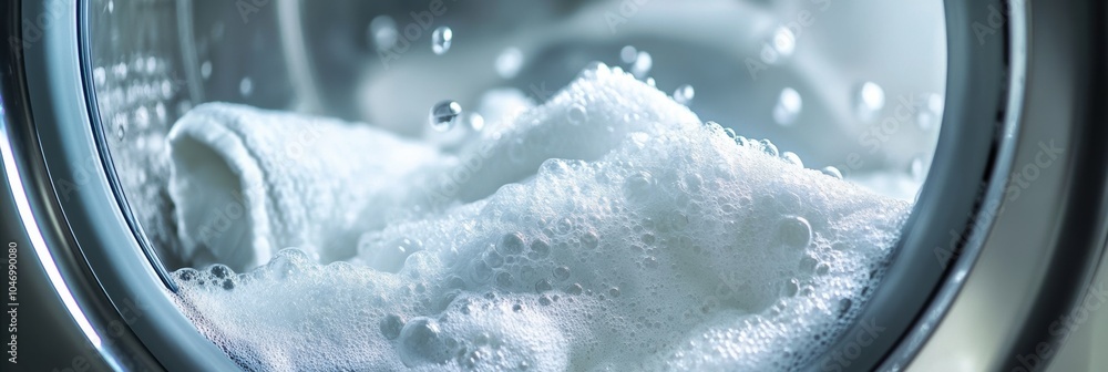 Poster a washing machine drum showcases white towels immersed in soapy water as it spins during a laundry c