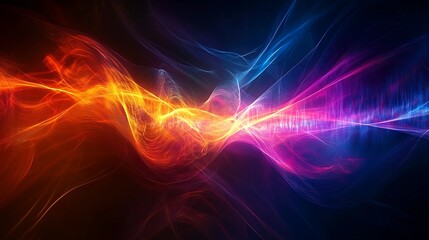 glowing lines pulse outward from a central point, forming a digital energy wave with intense colors set against a deep, dark backdrop