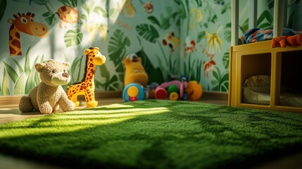 A sunny nursery with a green rug, stuffed animals, and toys.