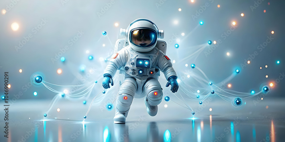 Poster astronaut floating in space with digital network connections and bokeh stars - soft focus image for 