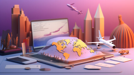 Business Travel city with technology concept A vibrant city skyline with modern buildings, a clear blue sky, and an airplane flying overhead, surrounde