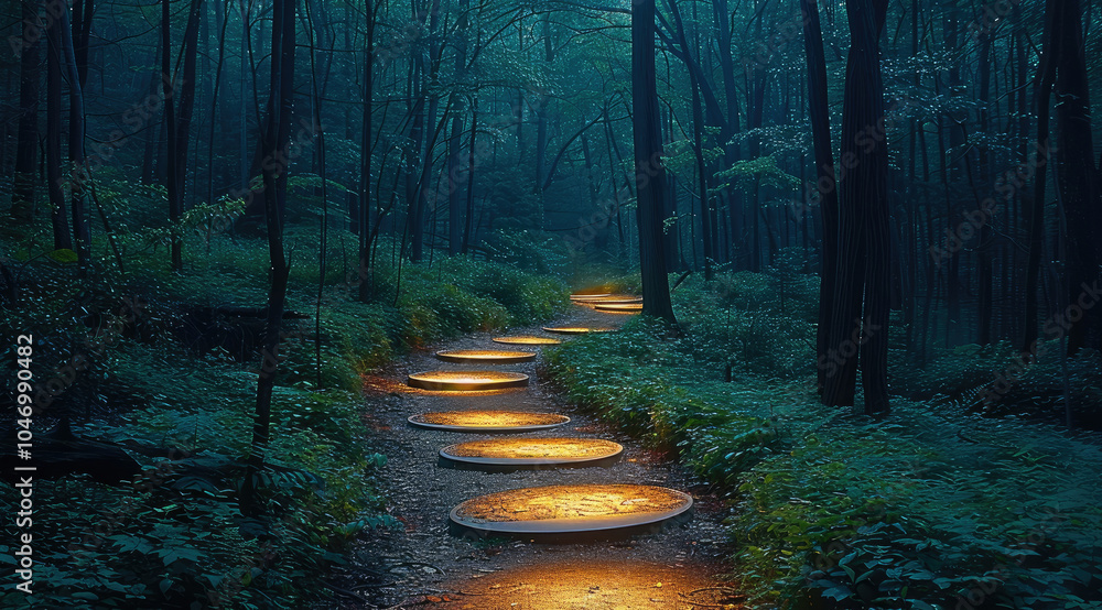 Poster An intelligent forest pathway equipped with motion-activated sensors illuminates the trail as walk.