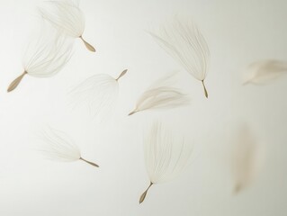 delicate dandelion seeds caught mid-flight against a pure white background, evoking a sense of freedom and lightness, as they disperse gently in the breeze